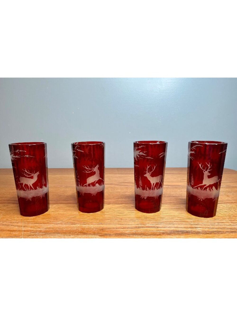 Set of 4 OLD Egermann Bohemian Ruby Red Cut To Clear Deer Scene Thick Glass Tum